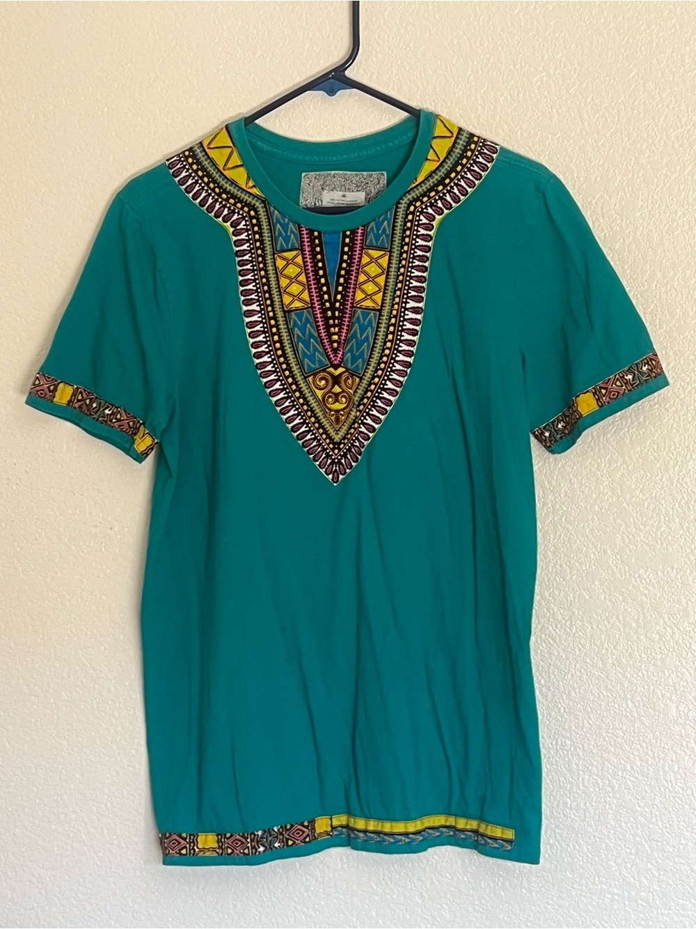 Teal Dashiki Style Short Sleeve Tee with Bold Tribal Print